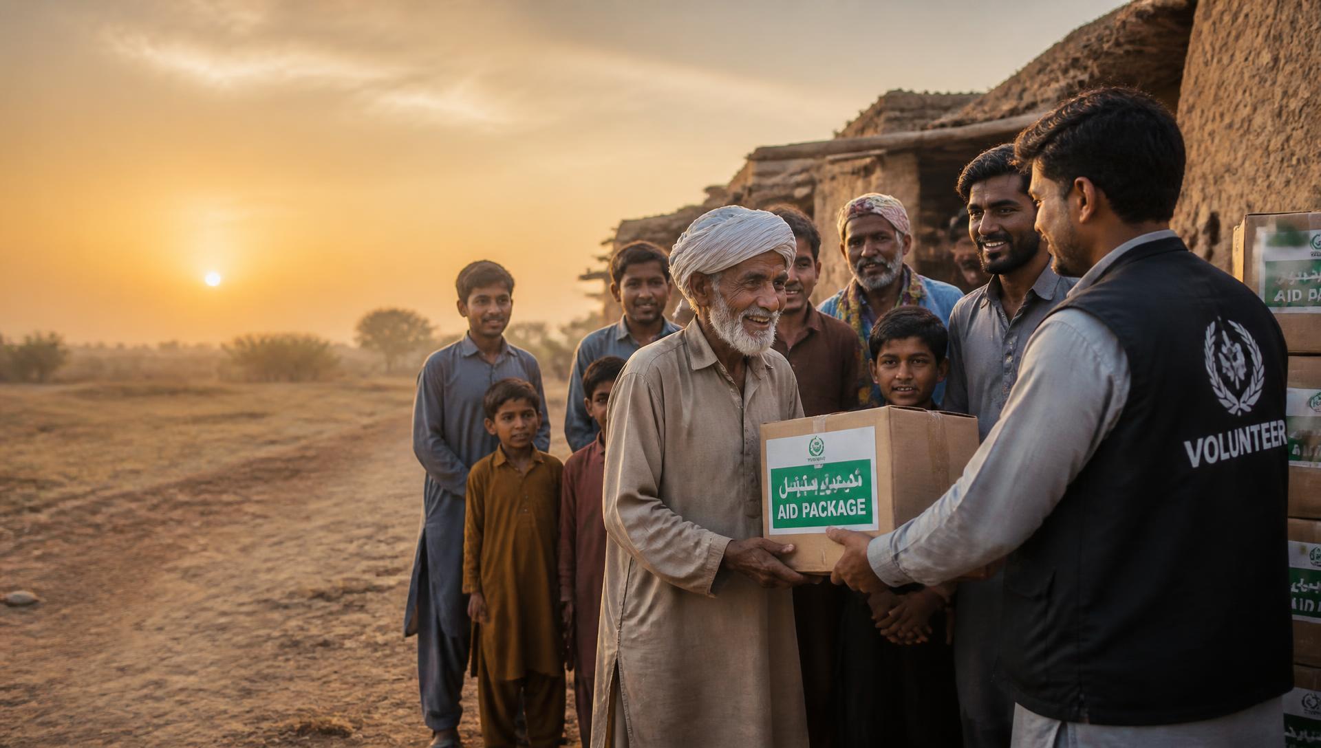 MB Trust volunteers handing food packs to men in a village in Pakistan